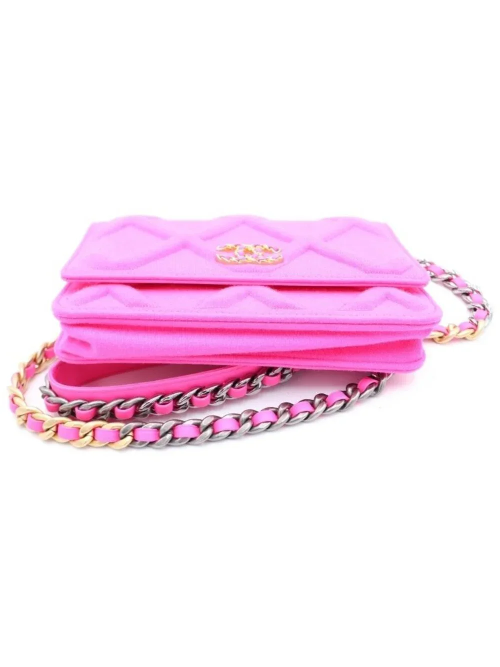 Chanel 19 Quilted CC Logo Jersey Lambskin Chain Shoulder Bag Pink